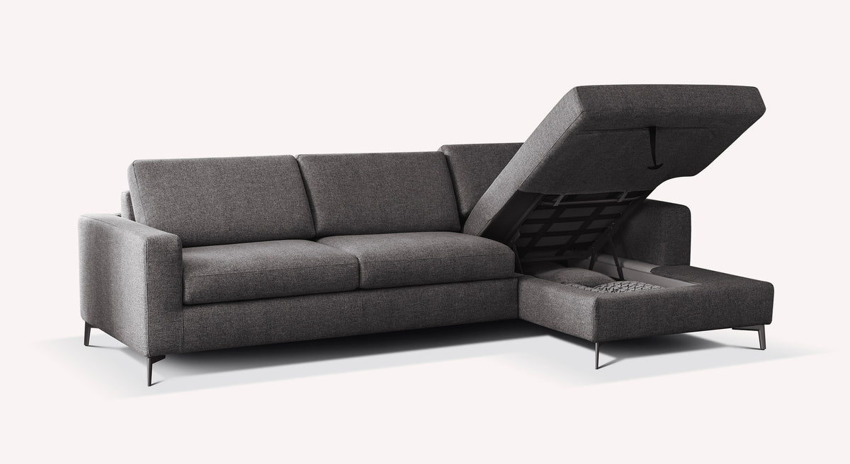 Canapé convertible d'angle en tissu anthracite, modèle Lisbona, avec rangement ouvert, pieds métalliques fins