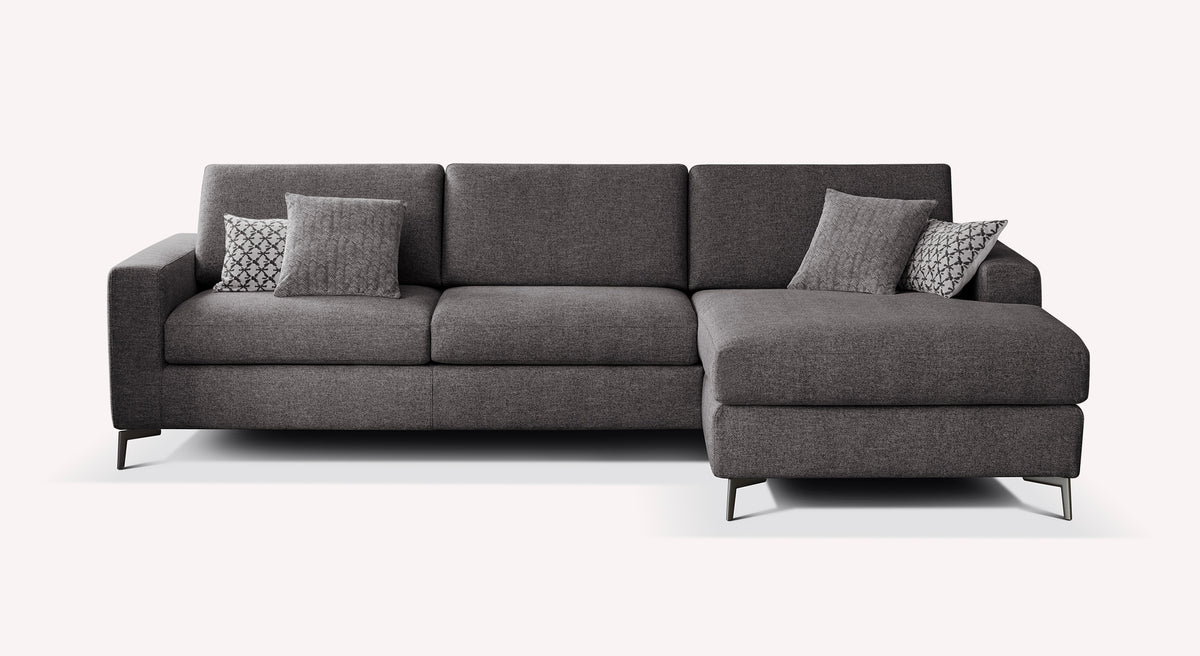 Canapé d'angle convertible en tissu anthracite, modèle Lisbona, avec coussins décoratifs à motifs géométriques