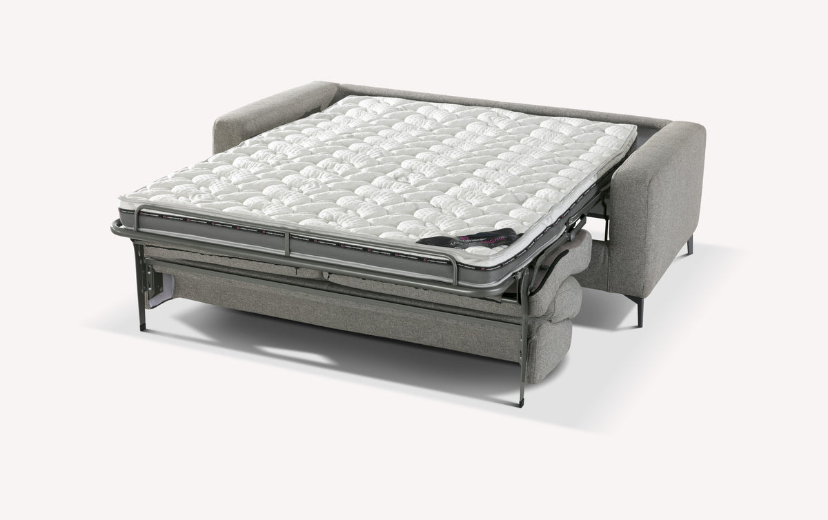 Canapé convertible Lisbona en tissu blend étain, matelas déplié