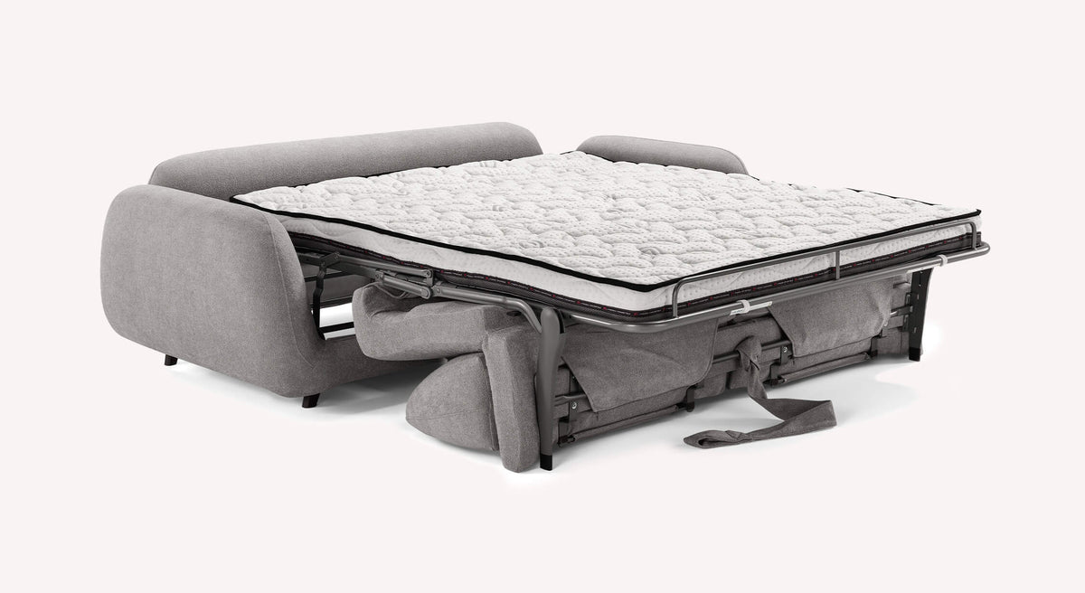 Canapé convertible MOON Innuendo Etain gris clair en position lit avec matelas déployé, parfait pour un couchage quotidien confortable.