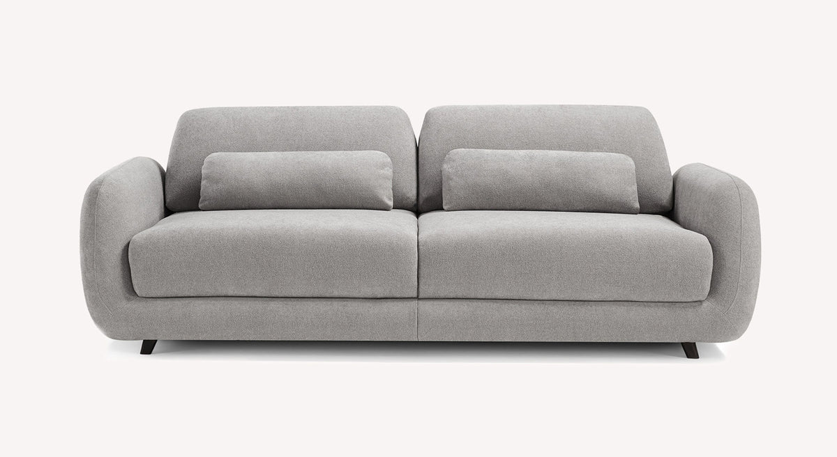 Canapé convertible MOON Innuendo Etain de couleur gris clair avec un design moderne et arrondi, idéal pour un couchage quotidien confortable.