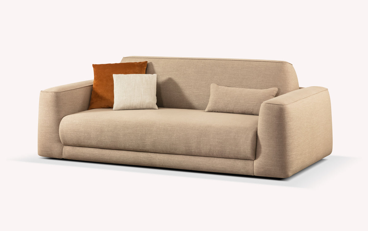 Canapé convertible ONYX +500 tissus & cuirs en tissu beige avec coussins décoratifs, design moderne et confortable pour couchage quotidien.