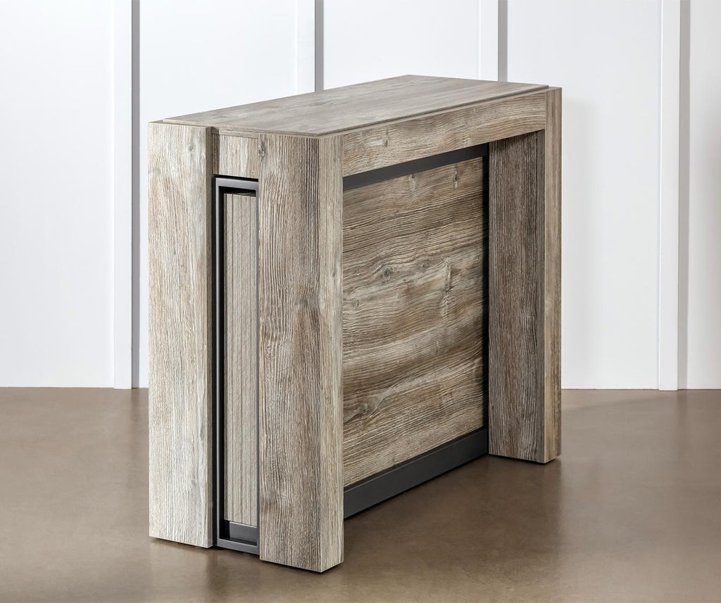 Table extensible compacte en COMPACT Mélaminé Ancien cendré avec finition bois vieilli, idéale pour les petits espaces et les repas conviviaux.