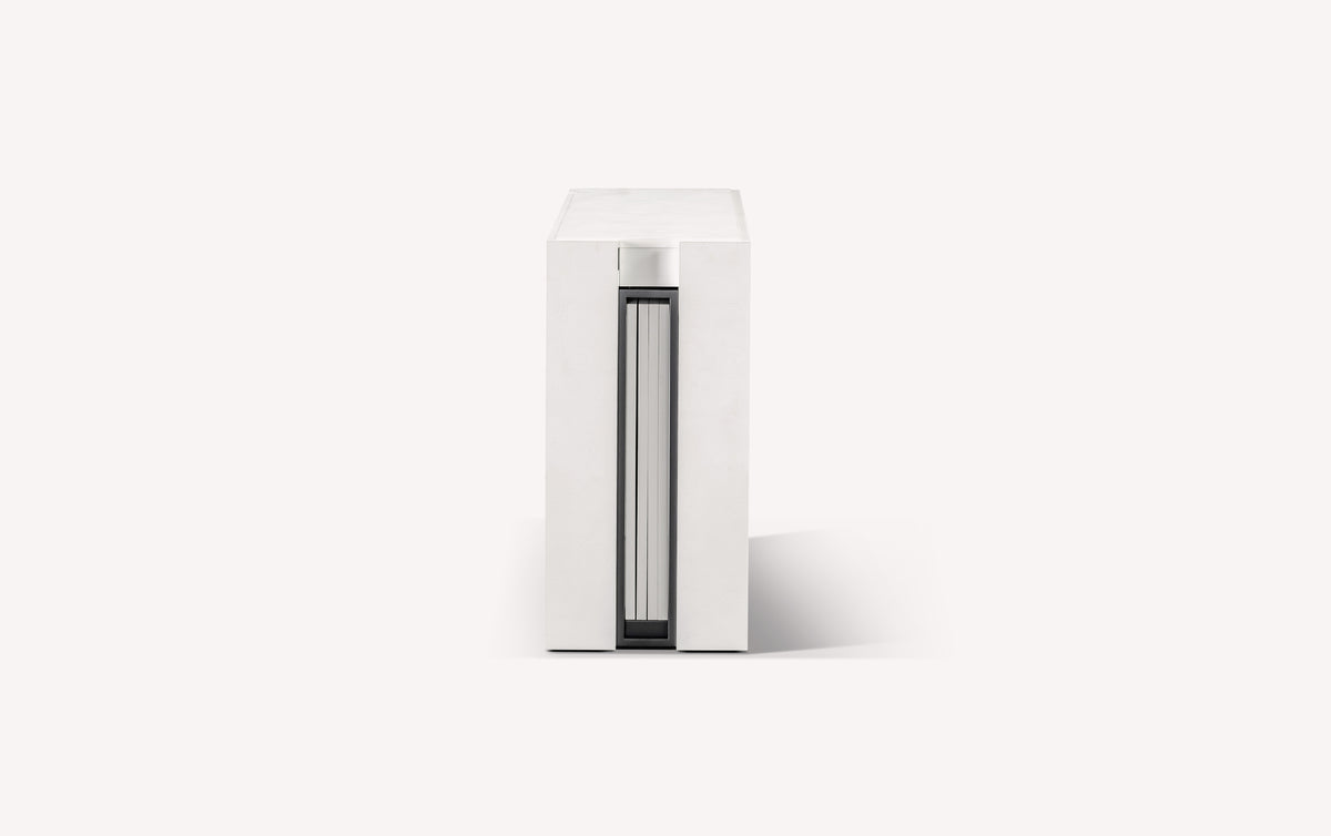 Table extensible compacte blanche en COMPACT Mélaminé Bianco spatolato vue de profil, design minimaliste et épuré parfait pour petits espaces.
