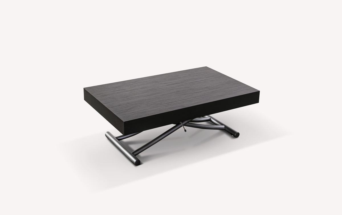 Table basse extensible moderne en MÉLANGE Mélaminé Carbone avec structure métallique noire, design élégant adapté pour un salon contemporain.