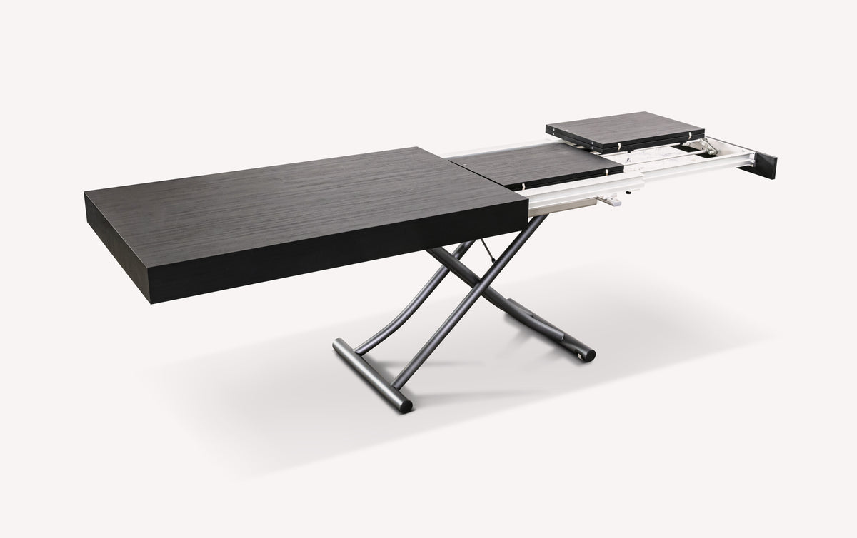 Table extensible moderne en MÉLANGE Mélaminé Carbone avec structure métallique, conçue pour un usage pratique et élégant dans un intérieur contemporain.