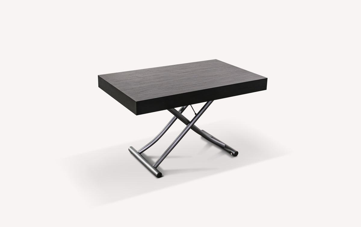 Table extensible fermée, finition mélaminé carbone, avec pieds en métal croisés