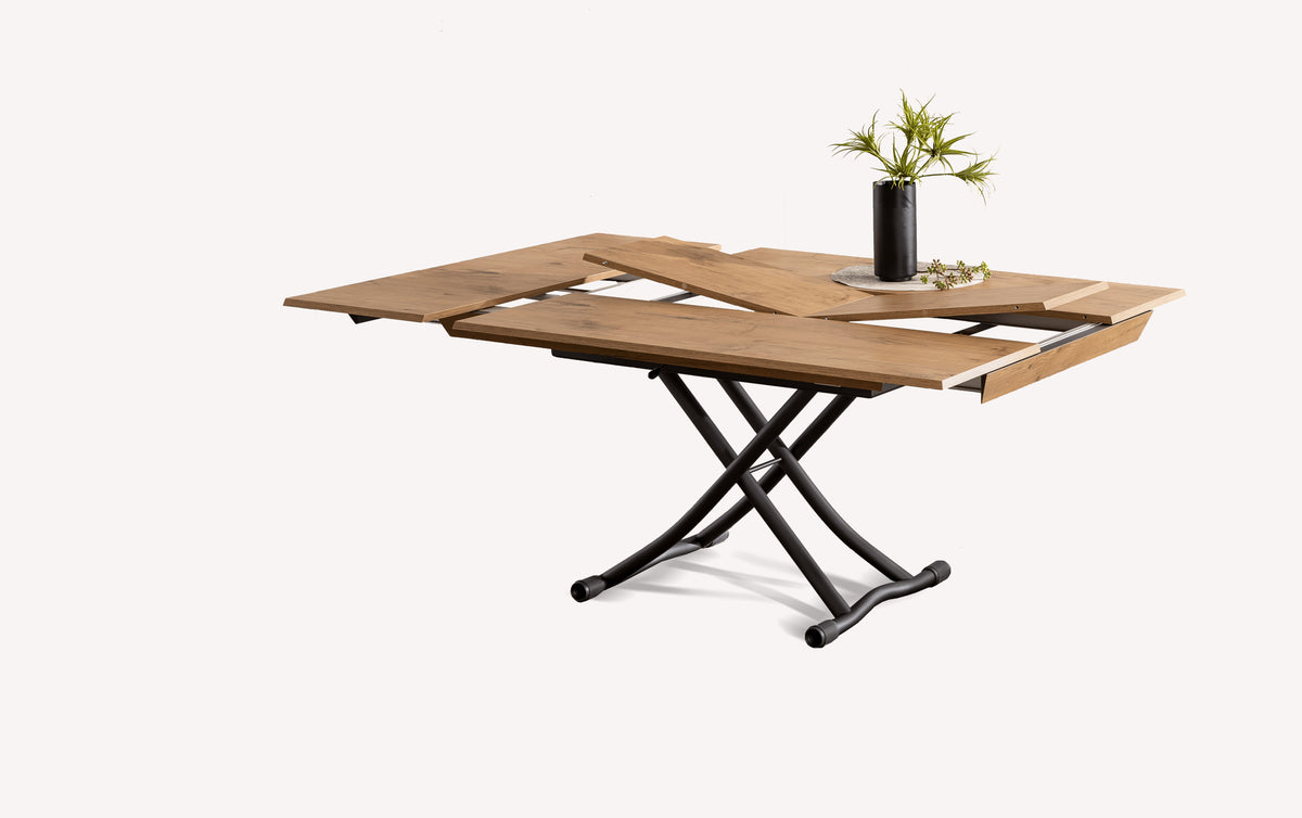 Table extensible design en bois mélaminé avec structure métallique noire, modèle PIU PIU Mélaminé Vecchio antico, idéale pour optimiser l'espace séjour contemporain.