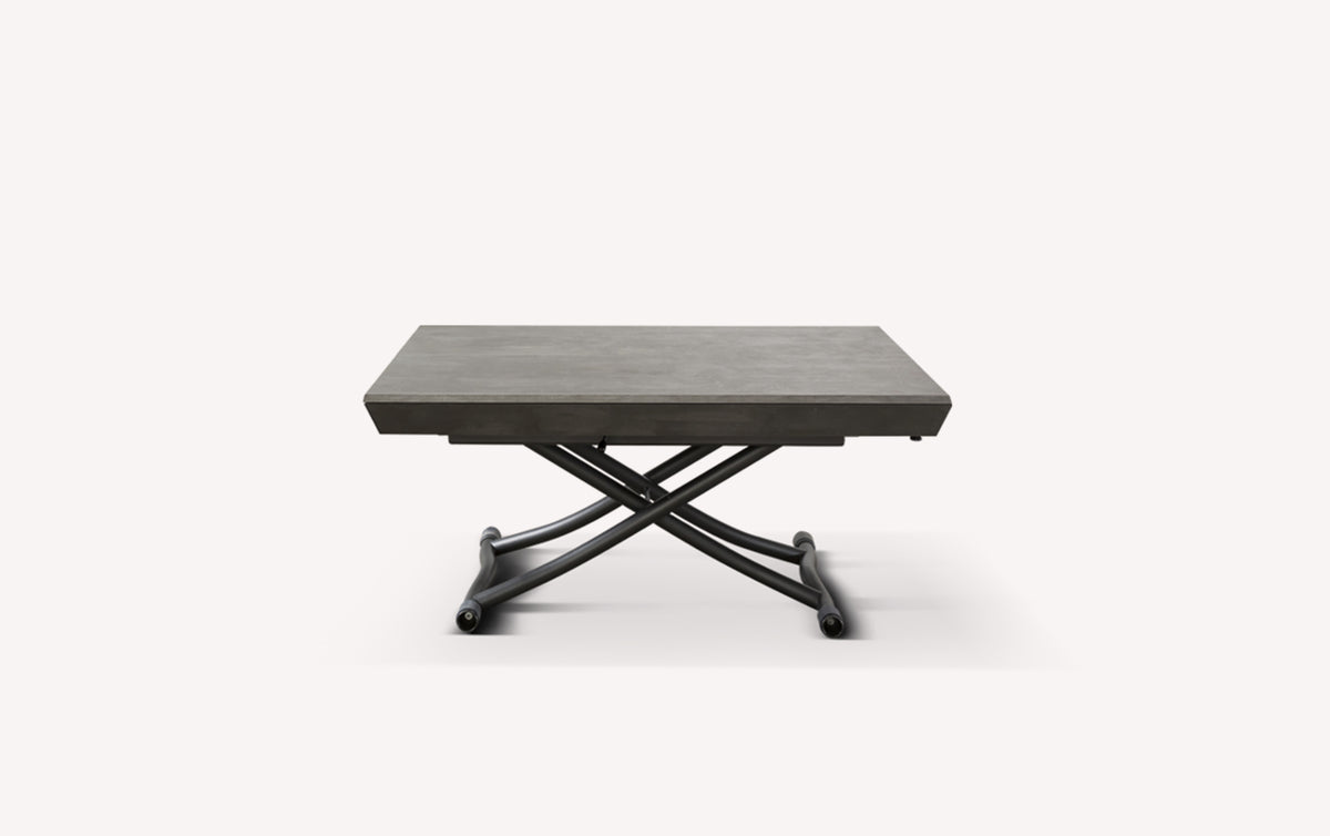 Table extensible grise "Piu Piu" fermée, avec un plateau rectangulaire et un piètement croisé en métal noir