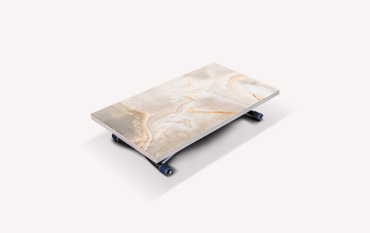 Plateau rectangulaire en SISSY Verre Marbré Onice lucido aux nuances beige et crème, idéal pour une table extensible élégante et moderne.