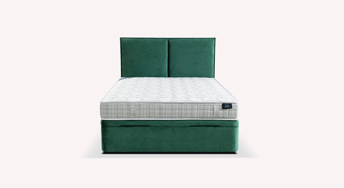 Lit coffre TROUVILLE Bergamo Verde botella, lit coffre vert bouteille avec tête de lit rembourrée, design moderne et rangement intégré pour un couchage confortable.