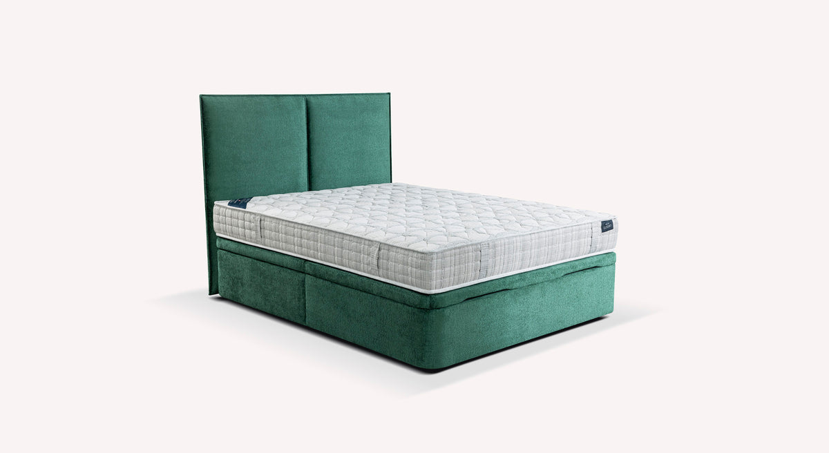 Lit coffre TROUVILLE Bergamo Verde botella de couleur verte avec tête de lit rembourrée, offrant un couchage confortable et un espace de rangement intégré.