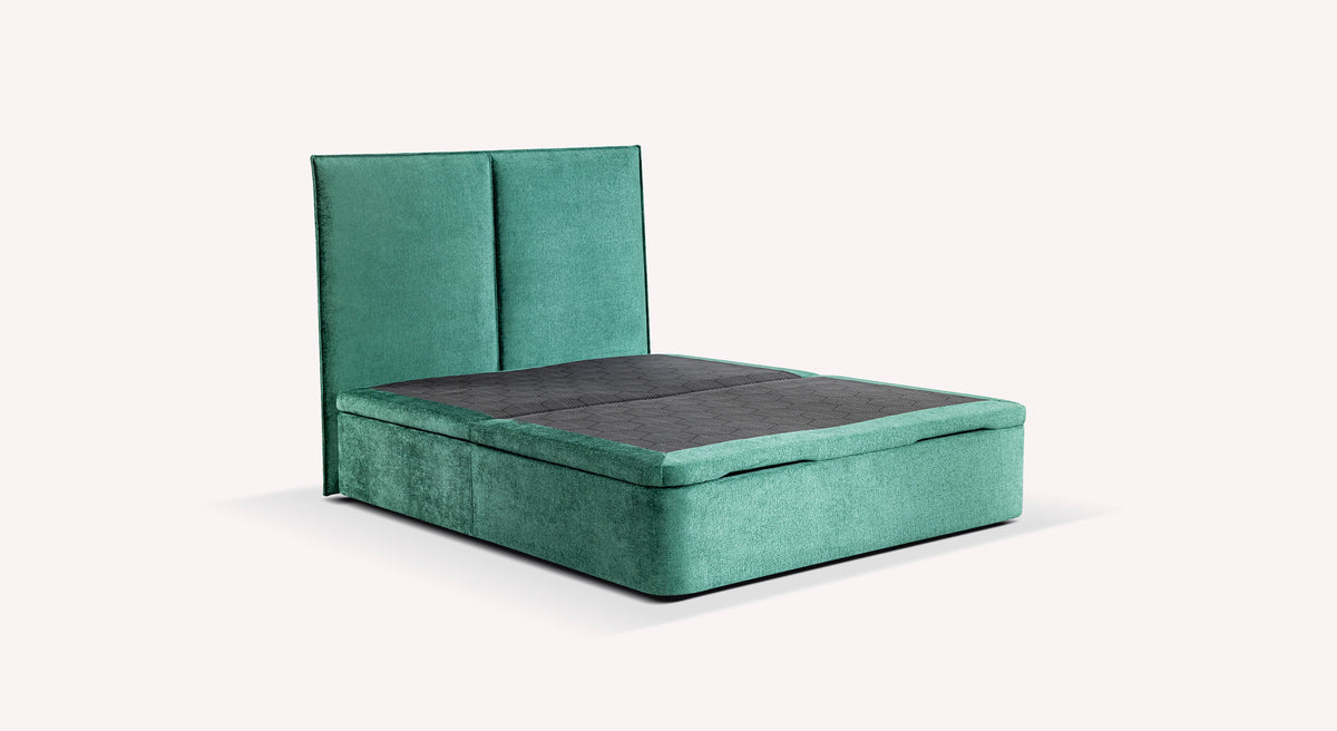 Lit coffre TROUVILLE Bergamo Verde botella en tissu vert bouteille avec tête de lit rembourrée, offrant un couchage confortable et un espace de rangement pratique.