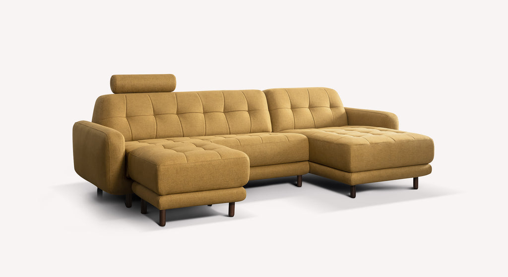 Lot canapé angle et pouf CLARK en tissu moutarde avec design moderne et confortable, idéal pour un salon contemporain offrant un espace détente spacieux.