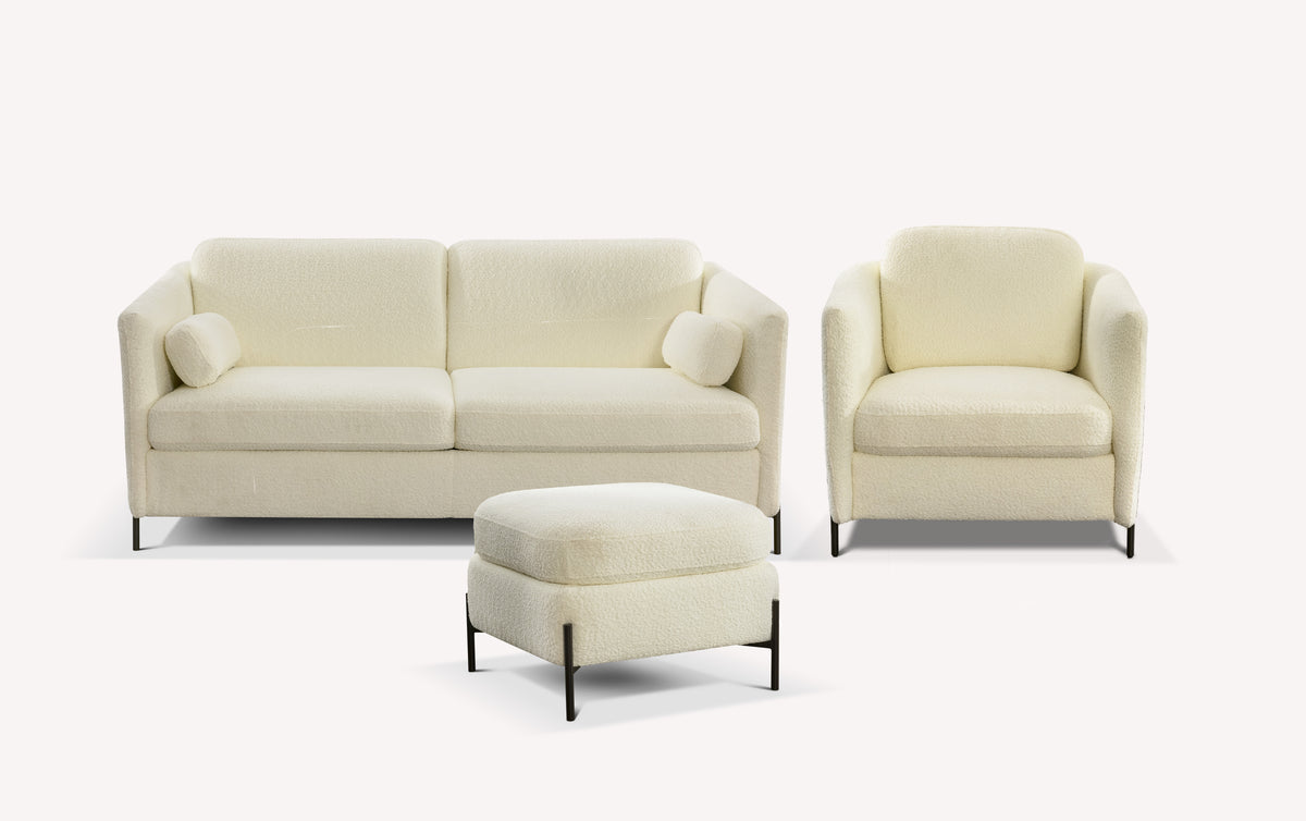 Ensemble de salon en tissu ivoire Sogno, comprenant un canapé, un fauteuil et un pouf, sur pieds noirs