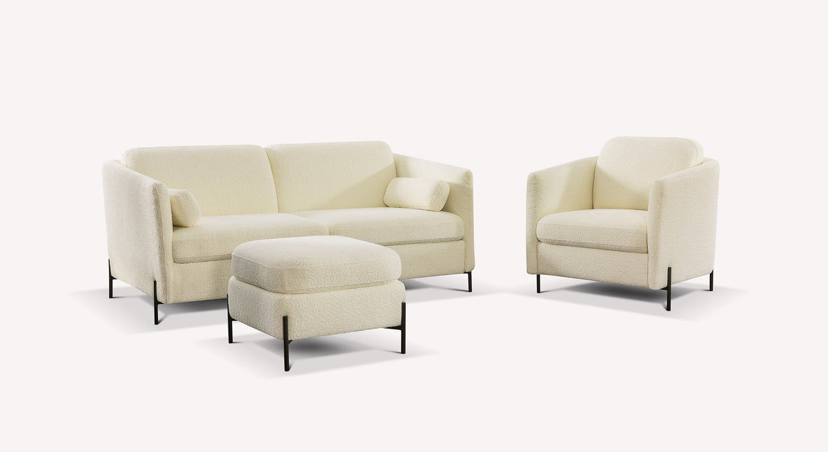 Ensemble de salon en tissu ivoire, comprenant un canapé, un fauteuil et un pouf, avec pieds noirs