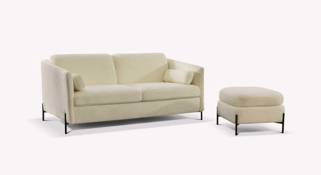 Lot canapé et pouf LAPP en tissu ivoire avec pieds métalliques noirs, design moderne et épuré, idéal pour un salon élégant et confortable.