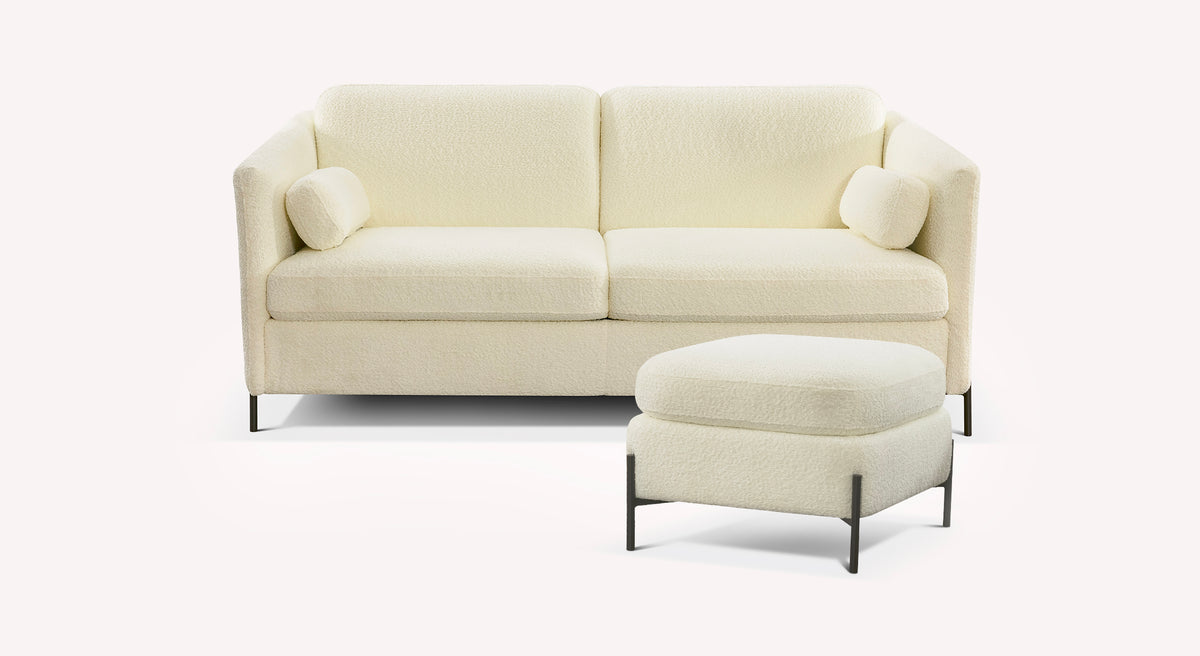 Lot canapé et pouf LAPP en tissu ivoire avec design moderne et épuré, offrant confort et élégance pour un salon contemporain.