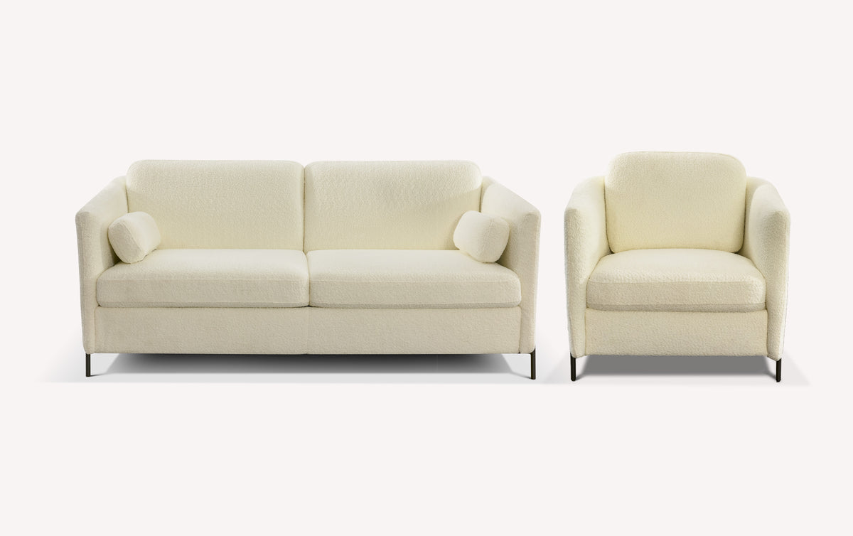 Lot canapé et fauteuil LAPP en tissu bouclette ivoire, offrant un design épuré et élégant, parfait pour un intérieur moderne et confortable.