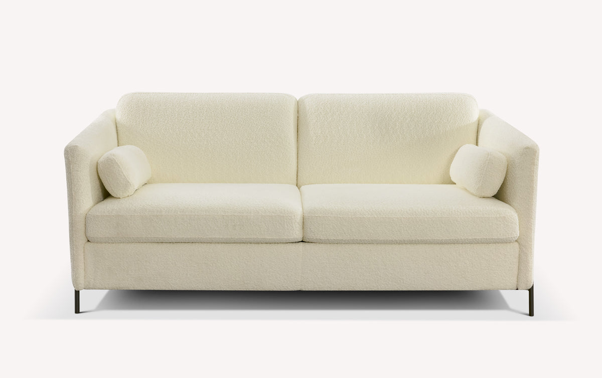 Lot canapé et fauteuil LAPP en tissu bouclette ivoire, canapé convertible design avec coussins cylindriques assortis pour un confort élégant et moderne.