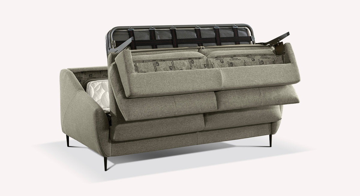 Canapé convertible Layne Tixer Pepper en cours de transformation, montrant le mécanisme et le matelas intégré