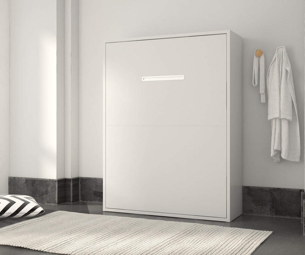 Armoire-lit compacte et moderne en JOPE Mélaminé Blanc, idéale pour optimiser l’espace avec un design épuré dans un intérieur contemporain.
