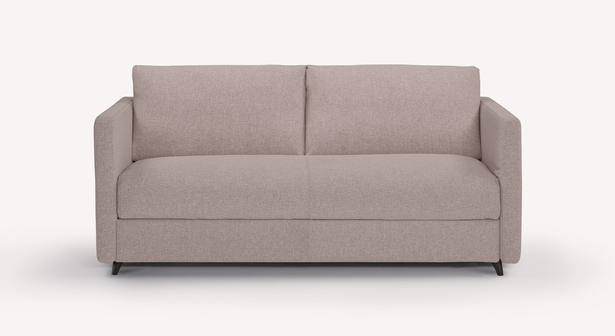Canapé convertible Donny en tissu lavande Tixer, design moderne avec accoudoirs et pieds noirs