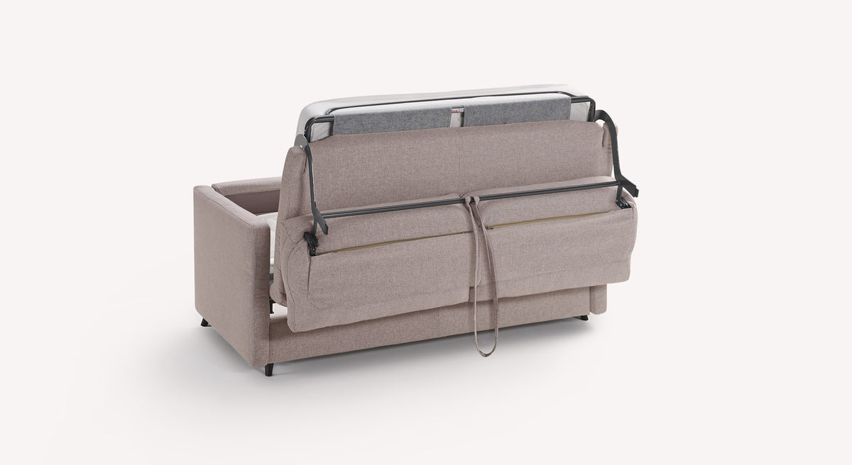 Canapé convertible Donny en tissu Tixer lavande, vu de dos avec mécanisme de dépliage visible