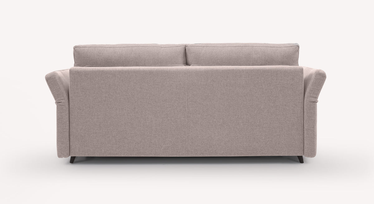 Canapé convertible Donny en tissu lavande, vu de dos, avec accoudoirs arrondis et coussins d'assise épais
