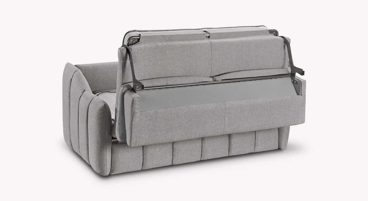 Canapé convertible ERIN Austin Gris en tissu, présenté en position intermédiaire avec mécanisme visible, alliant design contemporain et fonctionnalité pratique.
