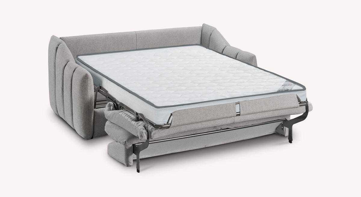Canapé convertible ERIN Austin Gris ouvert avec matelas, offrant un couchage confortable pour un usage quotidien dans un style moderne et épuré.