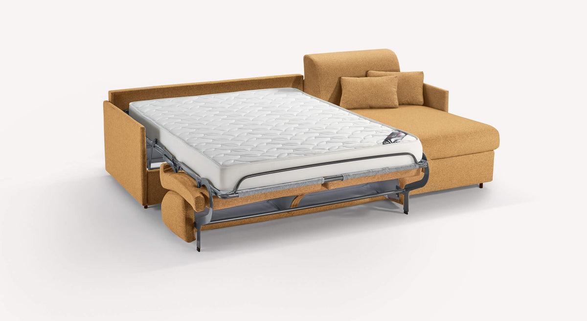 Canapé convertible d'angle compact "Jerry" en tissu ambre, avec matelas déplié, modèle Denver