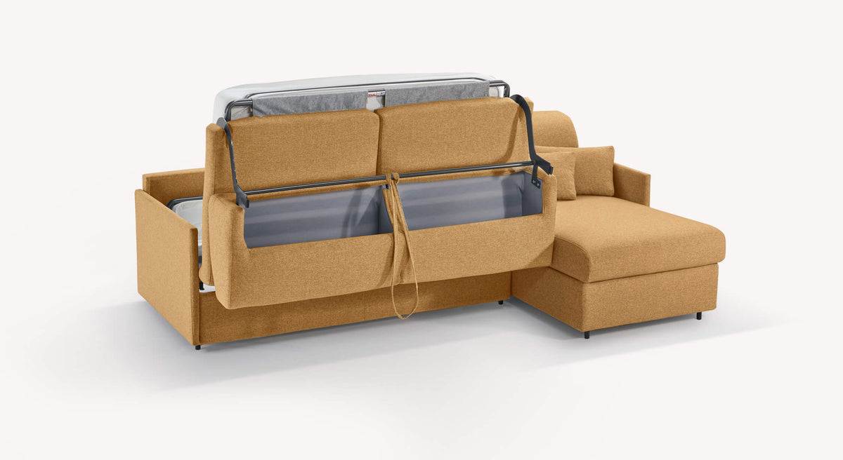 Canapé convertible d'angle compact en tissu ambre, modèle Jerry, avec mécanisme de dépliage visible