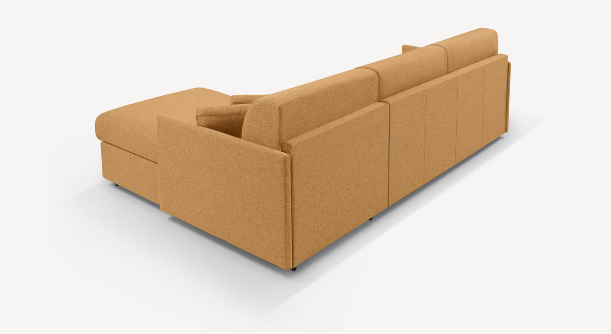 Canapé convertible d'angle compact, modèle Jerry, en tissu couleur ambre Denver, vu de dos