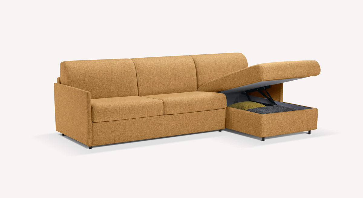 Canapé convertible d'angle compact Jerry en tissu ambre, avec rangement intégré sous l'assise