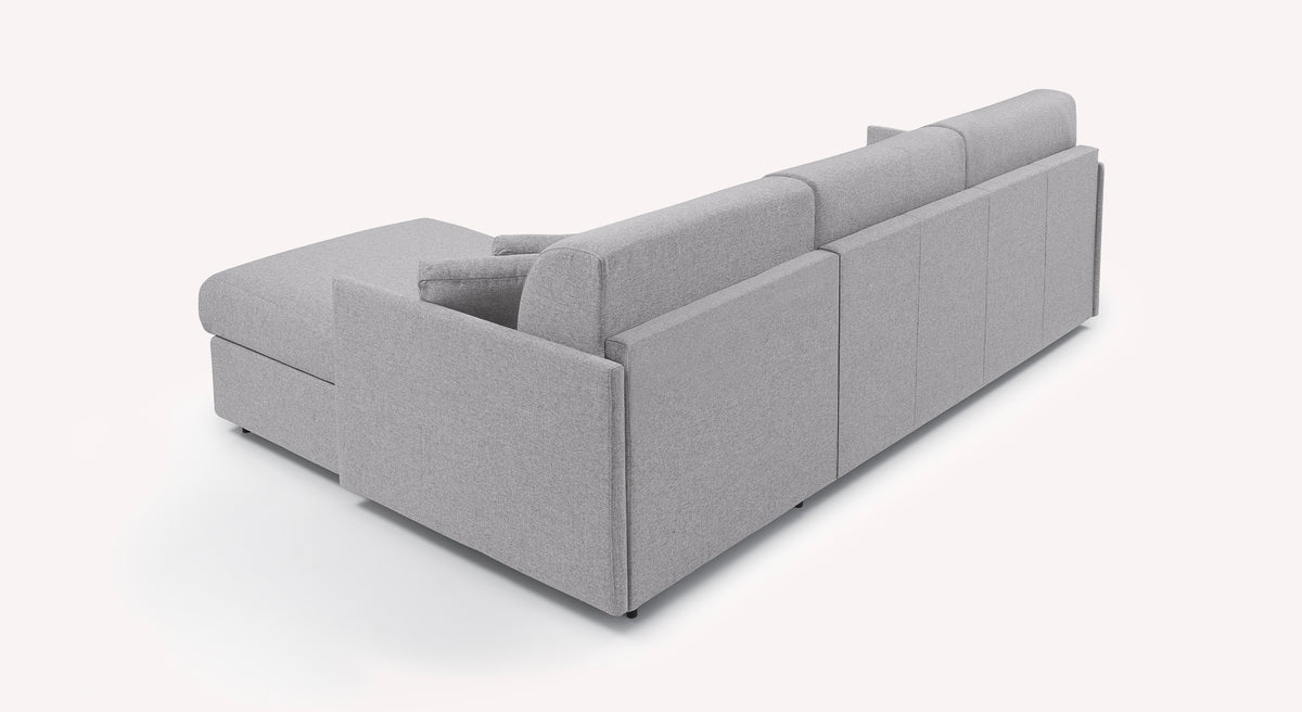 Canapé convertible d'angle Jerry en tissu gris argenté, modèle compact Denver, vue arrière