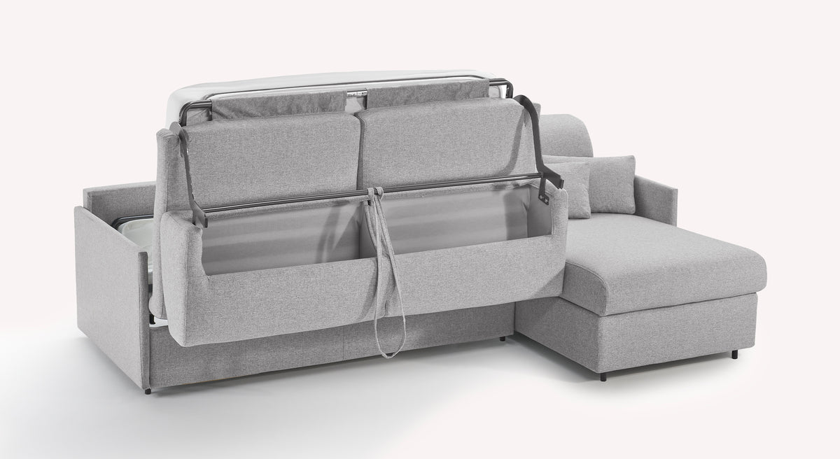 Canapé convertible d'angle compact en tissu gris, modèle Jerry Denver Silver, avec mécanisme de déploiement visible