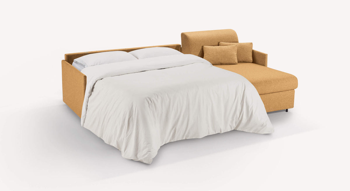 Canapé convertible d'angle Jerry, ouvert en lit, tissu couleur ambre Denver, avec coussins assortis