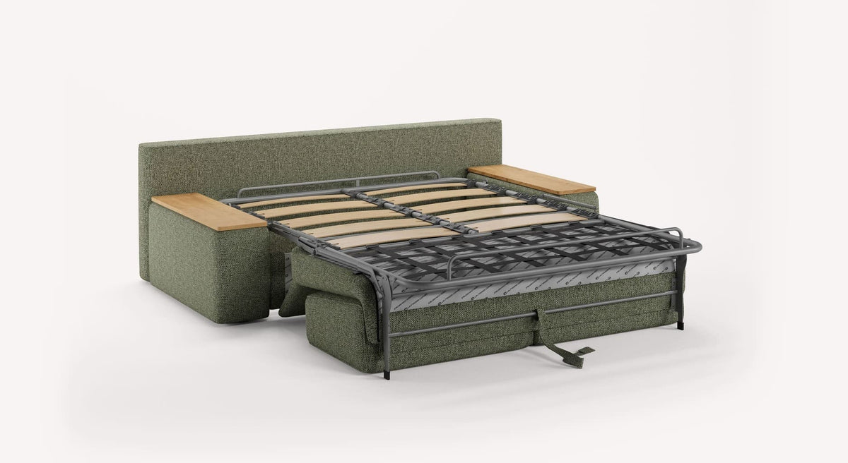 Canapé convertible avec structure métallique dépliée, matelas soutien ferme, accoudoirs en bois, MAX Accoudoirs Coffre Compact Bois Mariclo Olive, idéal pour couchage quotidien.