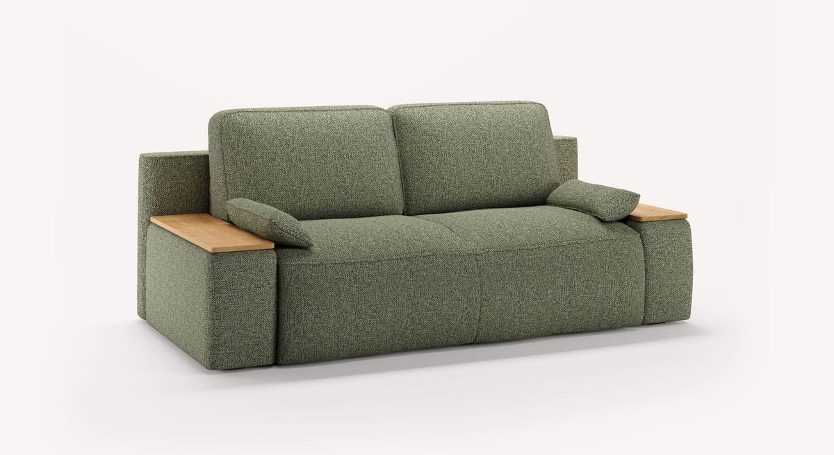 Canapé convertible avec tissu olive et accoudoirs en bois, modèle MAX Accoudoirs Coffre Compact Bois Mariclo Olive, alliant confort et fonctionnalité avec rangement intégré.