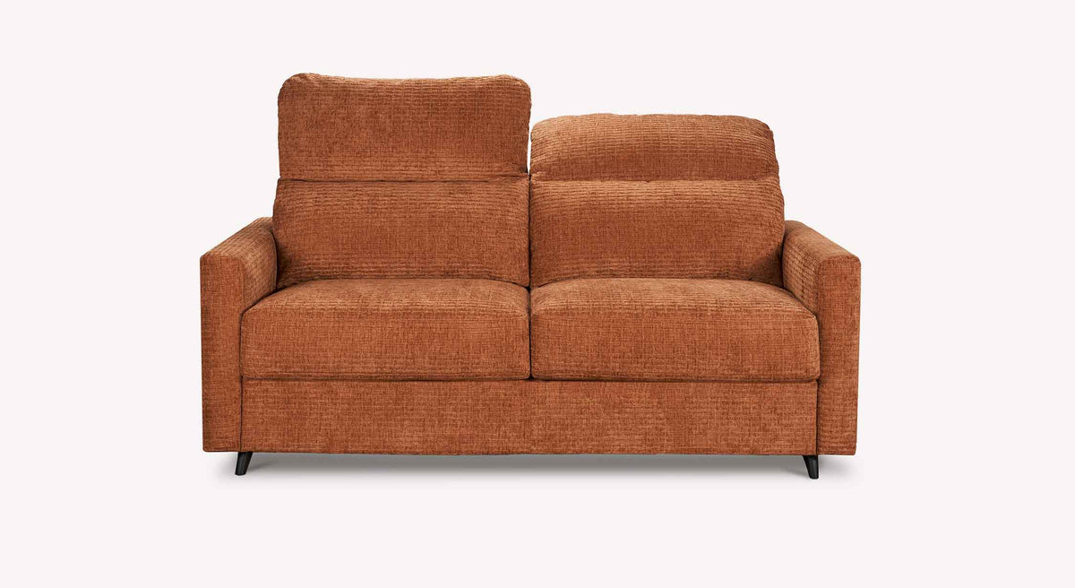 Canapé convertible MOTUS Paradoxe Cuivre en tissu cuivré avec assise confortable et dossier ajustable, idéal pour un couchage quotidien dans un style moderne.