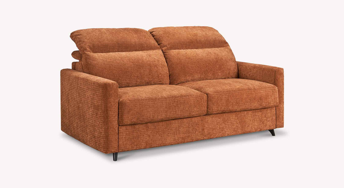 Canapé convertible MOTUS Paradoxe Cuivre en tissu texturé couleur cuivre, avec dossier ajustable et design moderne adapté pour un couchage quotidien confortable.