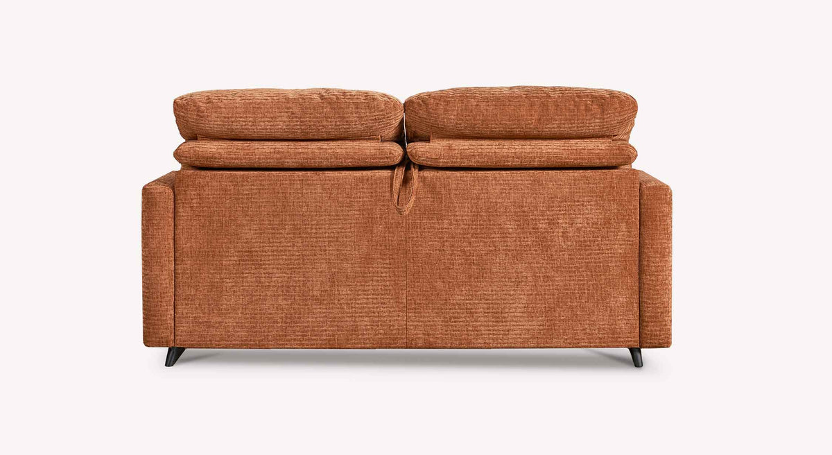 Canapé convertible MOTUS Paradoxe Cuivre en tissu texturé couleur cuivre avec dossiers ajustables et design moderne idéal pour couchage quotidien.