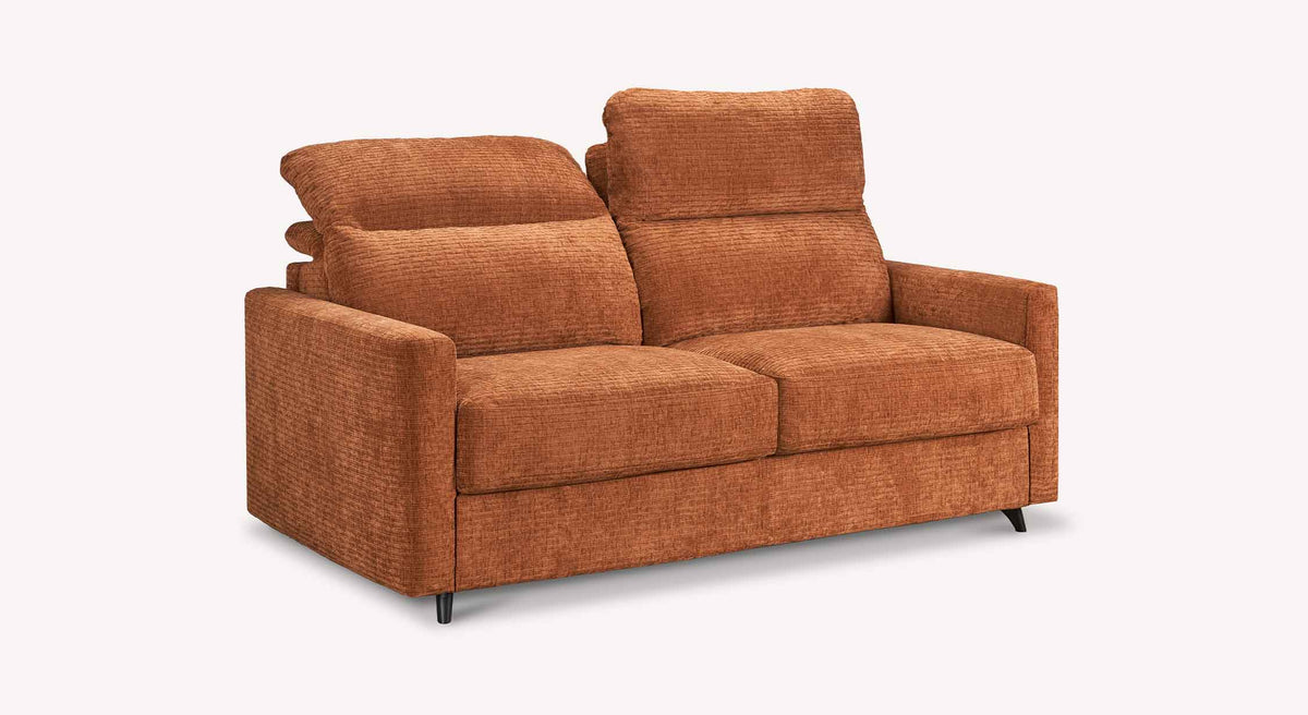 Canapé convertible MOTUS Paradoxe Cuivre en tissu cuivré avec assises confortables, design contemporain et dossier inclinable pour un couchage quotidien.