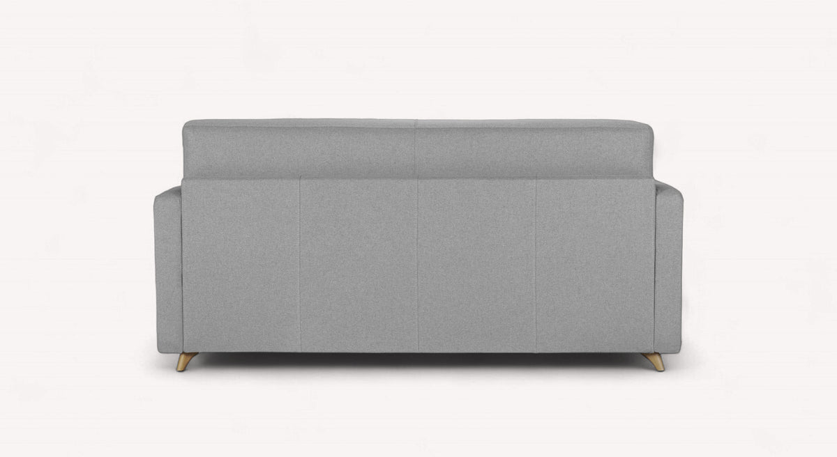 Canapé convertible NOVA Barrel Etain en tissu gris clair vu de dos, design épuré avec pieds en bois, idéal pour un couchage quotidien confortable.