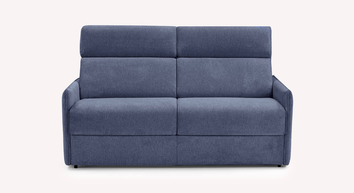 Canapé convertible TANIA Aragon Bleu nuit en tissu bleu foncé, design épuré avec dossier rembourré et accoudoirs droits, idéal pour un couchage quotidien confortable.