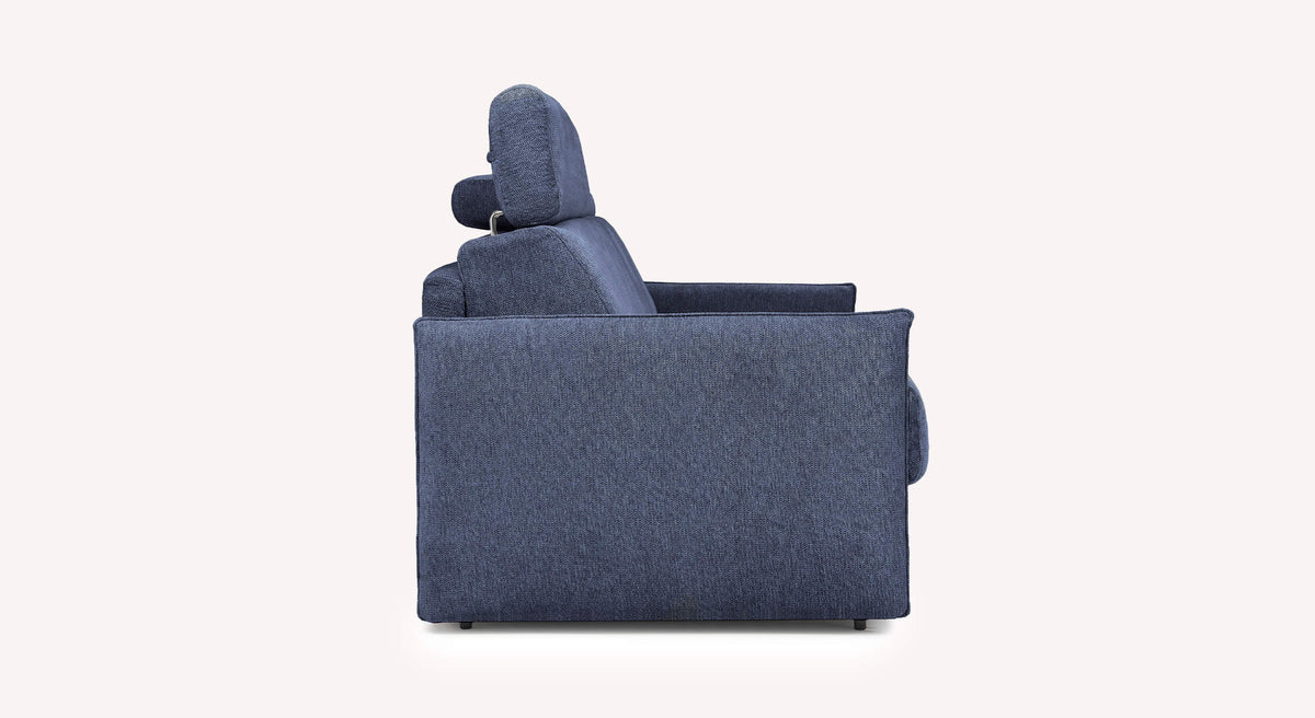 Canapé convertible TANIA Aragon Bleu nuit vu de profil, tissu bleu foncé épais avec accoudoir droit et appui-tête ajustable pour un confort optimal.