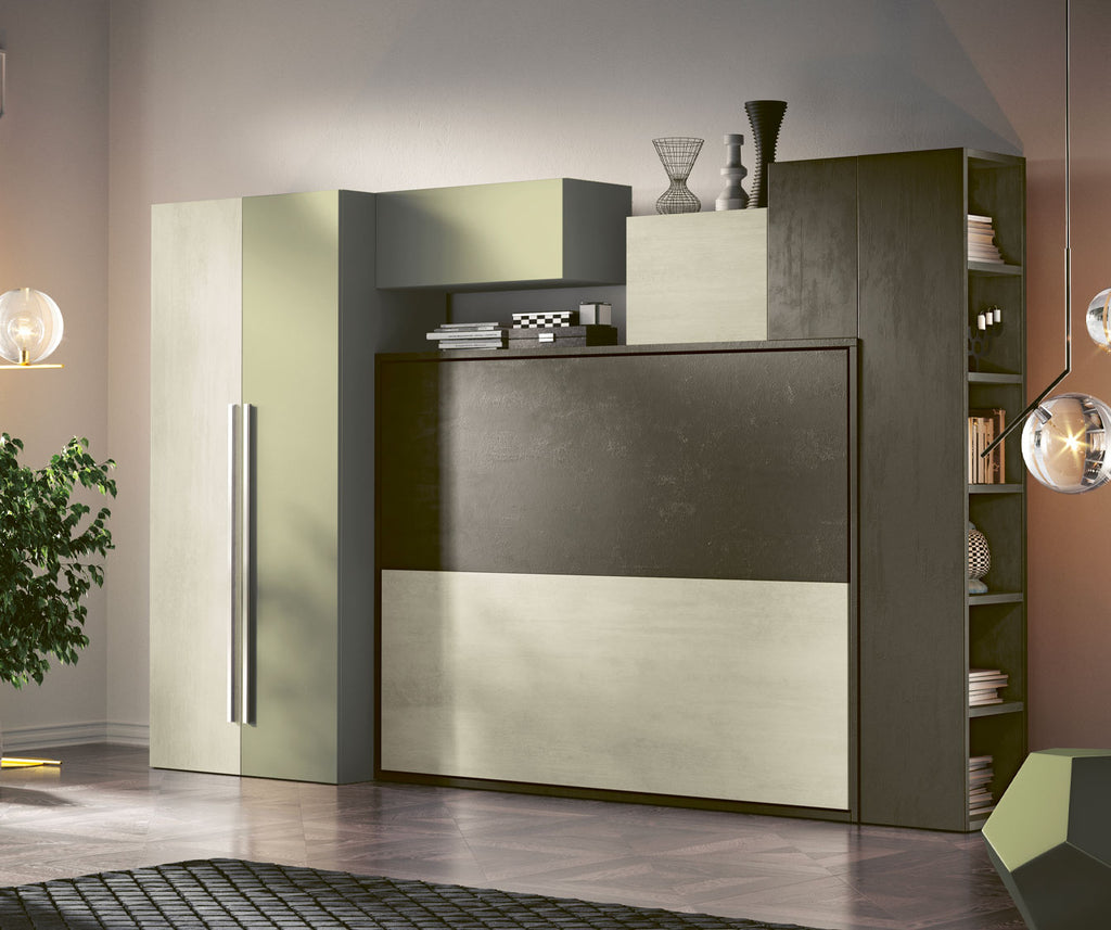 Armoire-lit fonctionnelle avec rangements intégrés et design moderne, espace optimisé pour petit logement, modèle LUCY Transversale Mélaminé Blanc.