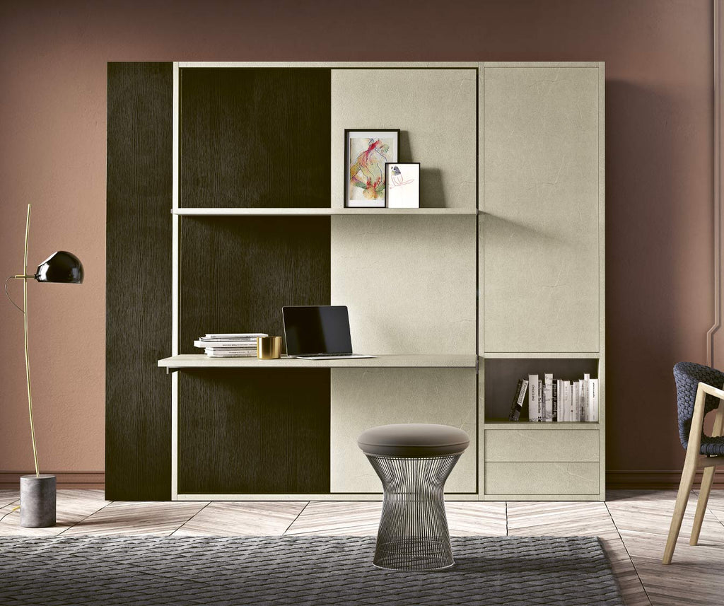 Espace de travail moderne avec LUCY BUREAU Mélaminé Blanc intégré dans un meuble multifonction offrant rangement et surface de bureau élégante dans un intérieur contemporain.