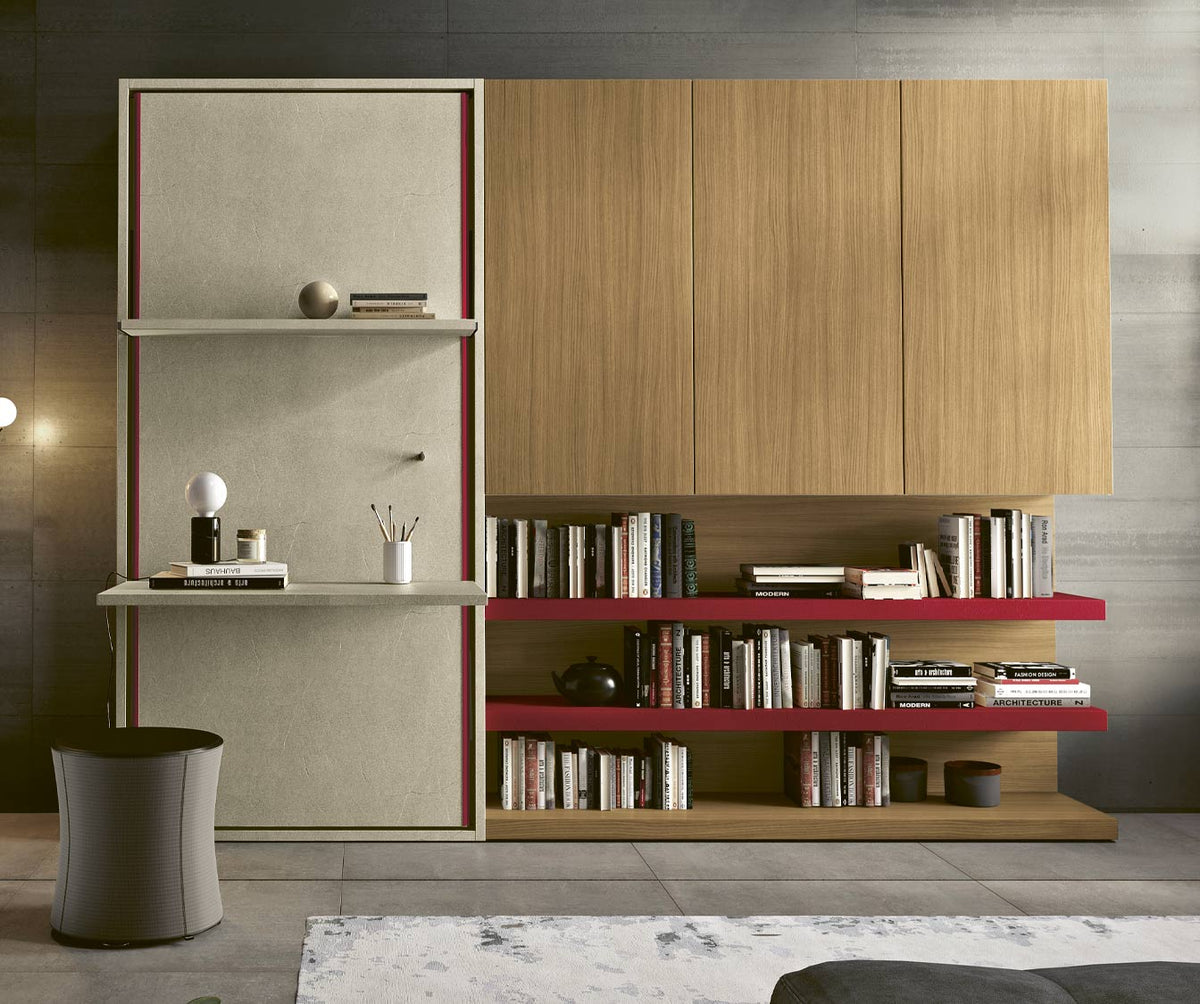 Espace de travail moderne avec LUCY BUREAU Enfant Mélaminé Blanc intégré à un mur de rangements en bois clair et étagères rouges, ambiance épurée et fonctionnelle.
